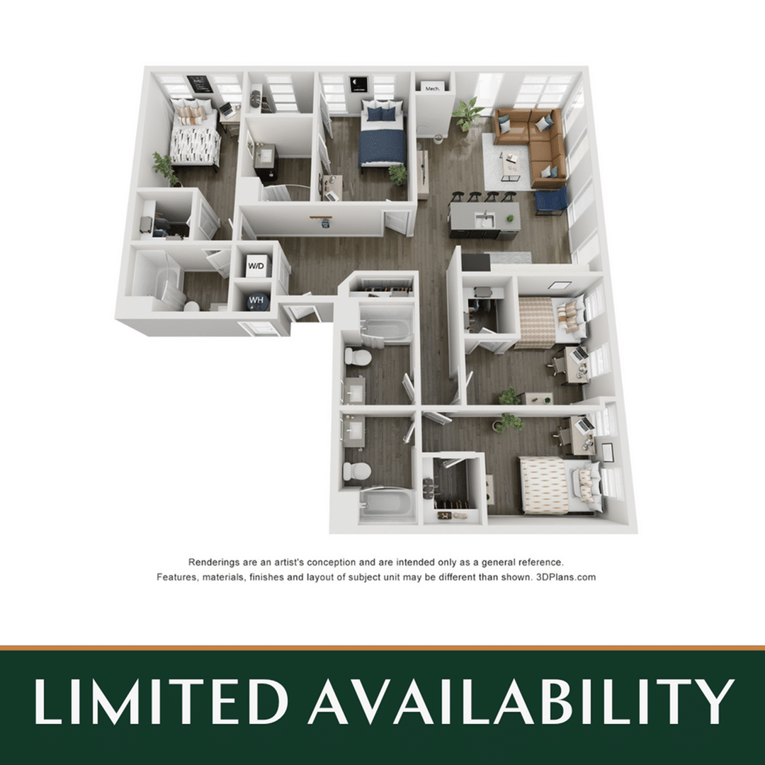 A 3D image of the 4BR/4BA – D3 floorplan, a 1616 squarefoot, 4 bed / 4 bath unit