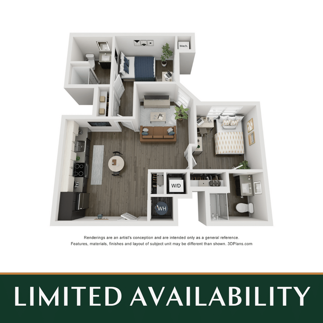 A 3D image of the 2BR/2BA – B2 floorplan, a 862 squarefoot, 2 bed / 2 bath unit